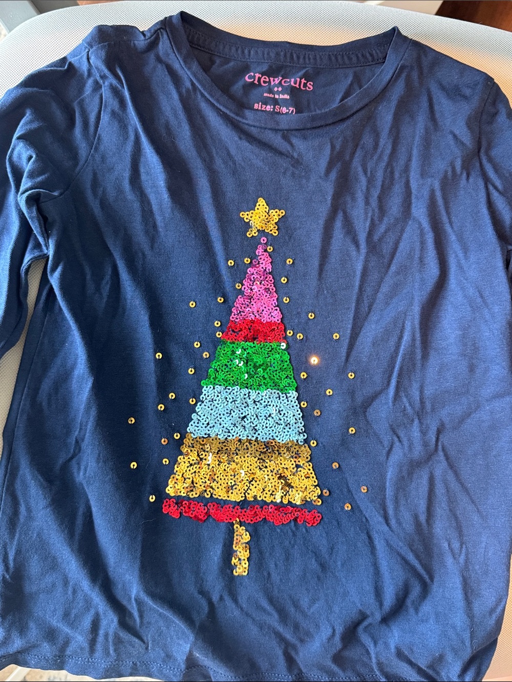 Crewcuts Navy Long-Sleeve Tee with Multicolor Sequin Tree